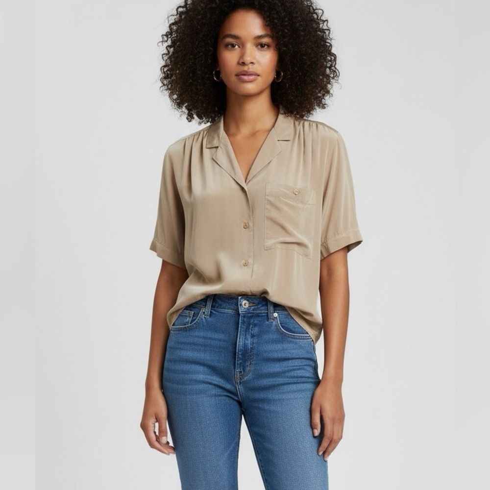 Rafaella Silk Beige Short Sleeve Button-Up Shirt Size 10